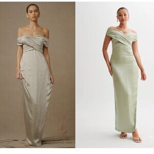 MESHKI HARLEY Off Shoulder Satin Maxi Dress - Sage *NWT*